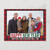 幸モダンせな新年フォトレッドプレイド ポストカード (正面)