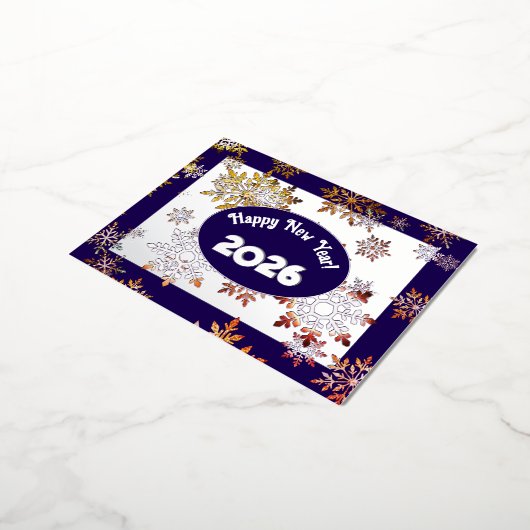 幸モダンせな新年、カラフル雪の結晶 箔シーズンポストカード (回転した状態)