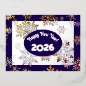 幸モダンせな新年、カラフル雪の結晶 箔シーズンポストカード (正面)