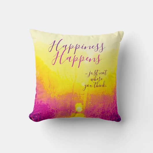 「幸福が訪れる」イエロー、マゼンタのモチーフ クッション (正面)