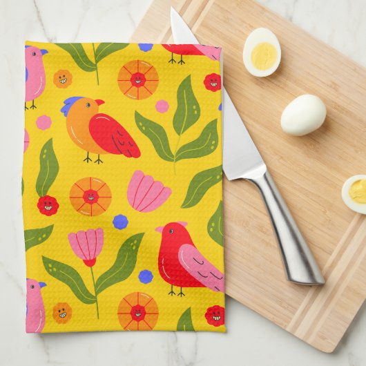 幸福な鳥が群れをなして陽気にする キッチンタオル (四つ折り)