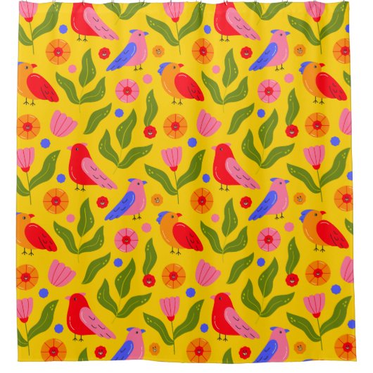 幸福な鳥が群れをなして陽気にする シャワーカーテン (正面)