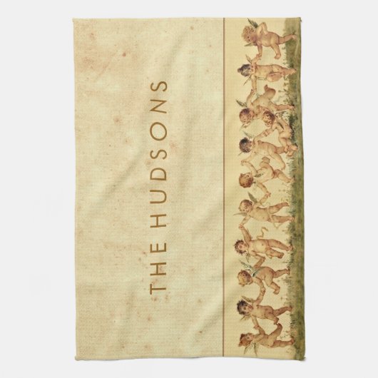 幸福にパーソナライズな天使を踊るヴィンテージの菓子 キッチンタオル (縦)