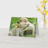 幸福の記念日（子犬） – キリスト教 カード (黄色い花)