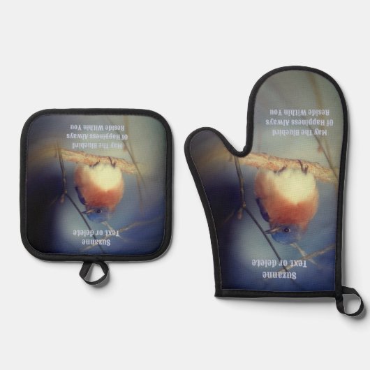 幸福の青感動的パーソナライズされた鳥 鍋つかみ&鍋敷きセット (正面)