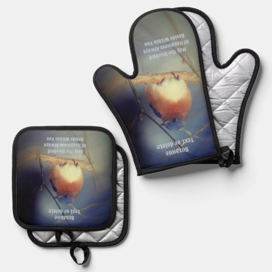 幸福の青感動的パーソナライズされた鳥 鍋つかみ&鍋敷きセット (正面/裏面)