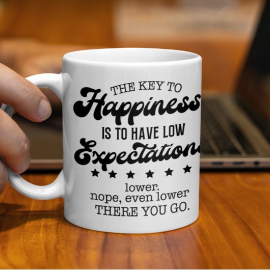 幸福への鍵マグ、低い期待おもしろい コーヒーマグカップ