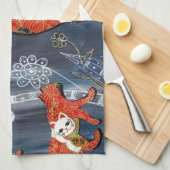 幸運で赤い猫 キッチンタオル (四つ折り)