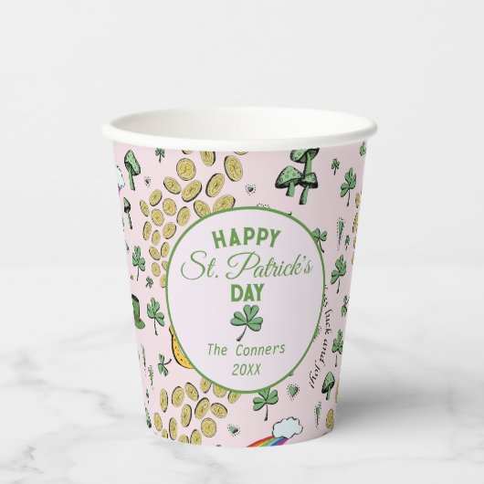 幸運と喜びコイン&グリーンシャームロックSt patricks day 紙コップ (正面)