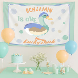 幸運なアヒルと泡の1歳の誕生日 パステルカラー 横断幕