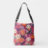 幸運な猫の着物インスパイア柄の和布 クロスボディバッグ (正面)