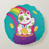 幸運な猫のManeki Nekoの幸運の金の壷 ラウンドクッション (裏面)