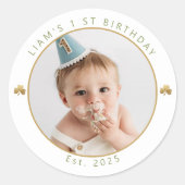 幸運な男の子 初誕生日 写真ステッカー - セージ ラウンドシール (正面)