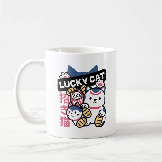 幸運の猫 まねきねこ - 日本の縁起物猫デザイン コーヒーマグカップ (左)