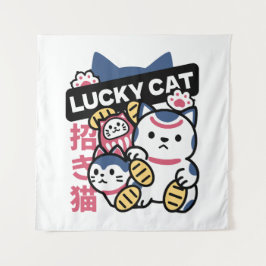 幸運の猫 まねきねこ - 日本の縁起物猫 タペストリー