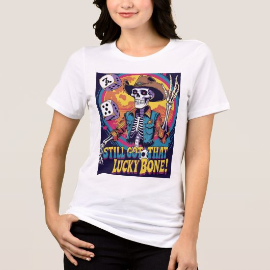幸運の骨はまだ持ってる – サイコロを振るスケルトン トライブレンドTシャツ (正面)
