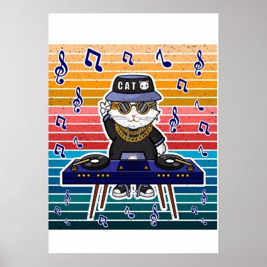 幸運を呼ぶ猫 まねきねこ DJ レトロ音楽アート ポスター (正面)