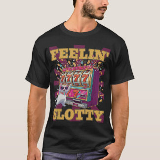 幸運を呼ぶ面白いカジノキャットスロットマシン Tシャツ