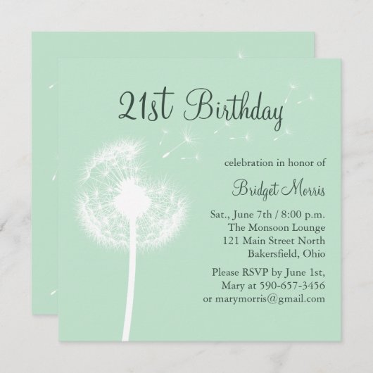 幸運を祈りますのミントの第21誕生日の招待状 招待状 (正面/裏面)