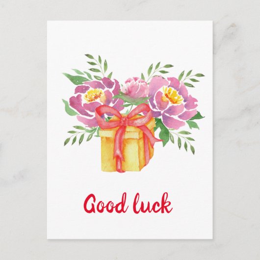 幸運を 水彩の芍薬 かわいい ポストカード (正面)