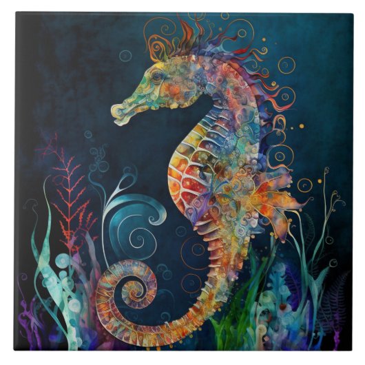 幻想のタツノオトシゴ 水彩画 タイル (正面)
