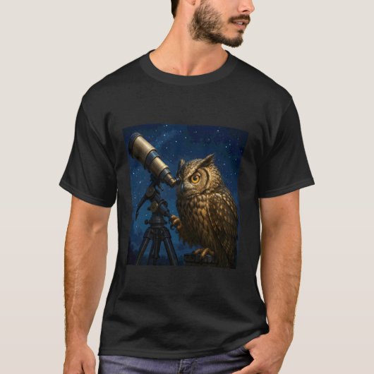 幻想のフクロウ望遠鏡の夜 Tシャツ (正面)