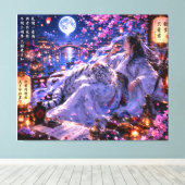 幻想の桜とともに - 月夜の白虎守護 キャンバスプリント (インサイチュ (ウッドフロア))