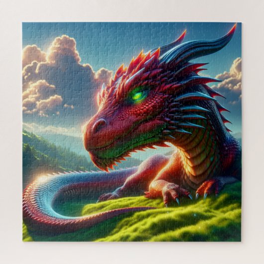 幻想の黎明に佇む深紅のドラゴン ジグソーパズル (縦)