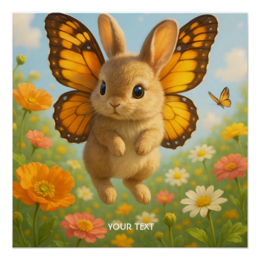 幻想的なかわいいウサギ 花  羽根 ポスター (正面)