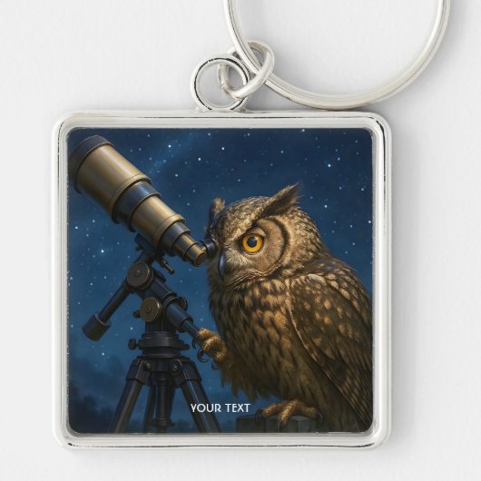 幻想的なかわいいフクロウの望遠鏡の夜 キーホルダー (正面)