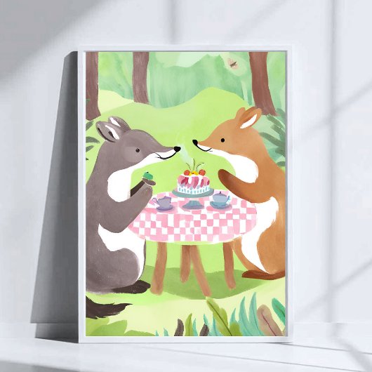 幻想的なかわいい水彩画 森の動物のピクニック ポスター