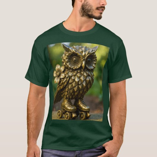 幻想的なかわいい真鍮のフクロウスケート Tシャツ (正面)