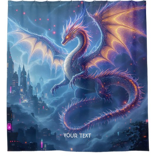 幻想的なかわいい青いドラゴンの街 シャワーカーテン (正面)