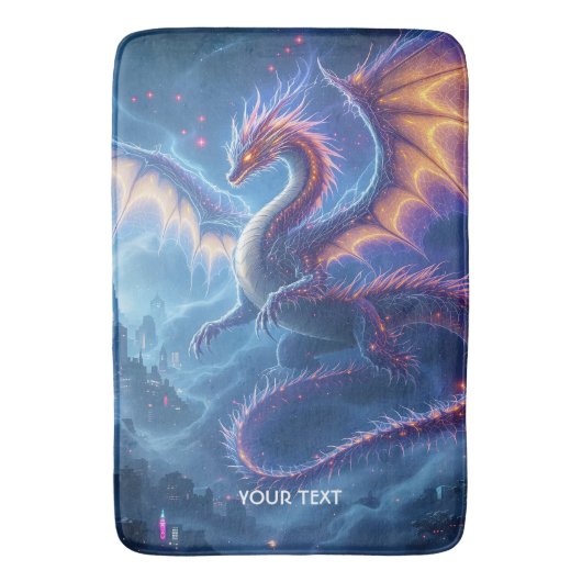 幻想的なかわいい青いドラゴンの街 バスマット (正面縦)