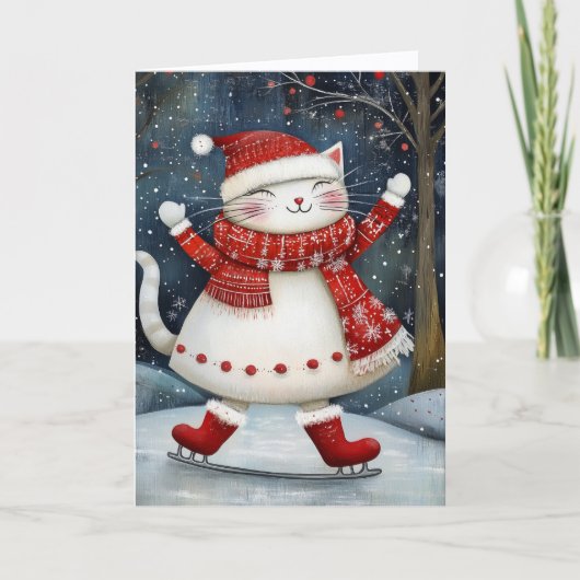 幻想的なアイススケートをする猫のクリスマス シーズンカード (正面)