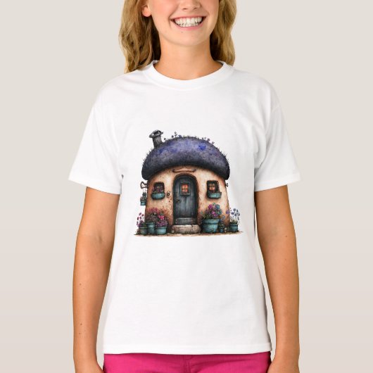 幻想的なイラストの可愛らしいコテージの家 Tシャツ (正面)