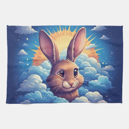 幻想的なイースターのウサギと雲 🐰☁️ ソフトパステル キッチンタオル (横)