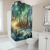 「幻想的なオーロラ冬の街並み」 シャワーカーテン (インサイチュ)