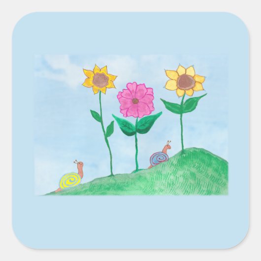 幻想的なカタツムリと色とりどりの花 スクエアシール (正面)