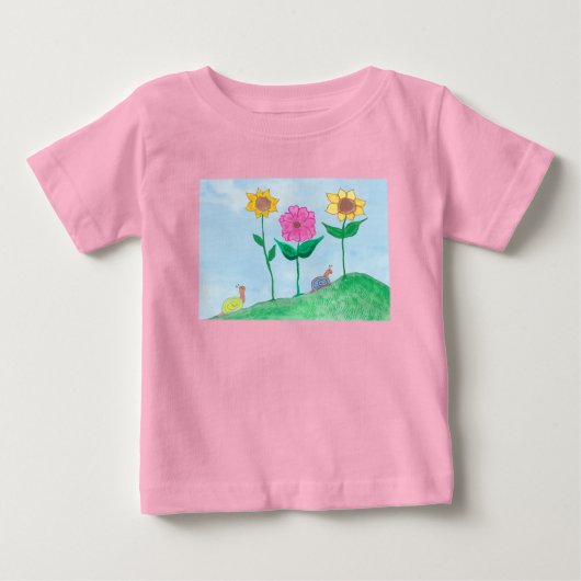 幻想的なカタツムリと色とりどりの花 ベビーTシャツ (正面)