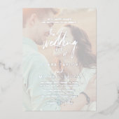 幻想的なカリグラフィー | シルバーフォイル写真の結婚式 箔招待状 (正面)