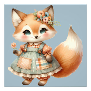 幻想的なカントリーコアスタイルの花柄パステルフォックス フォトプリント           