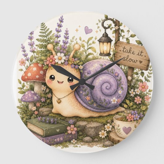 幻想的なカントリーコア・カタツムリの水彩画アート ラージ壁時計 (正面)