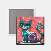 幻想的なキティ猫のラグに座るフローラルティール マグネット (正面/裏面)
