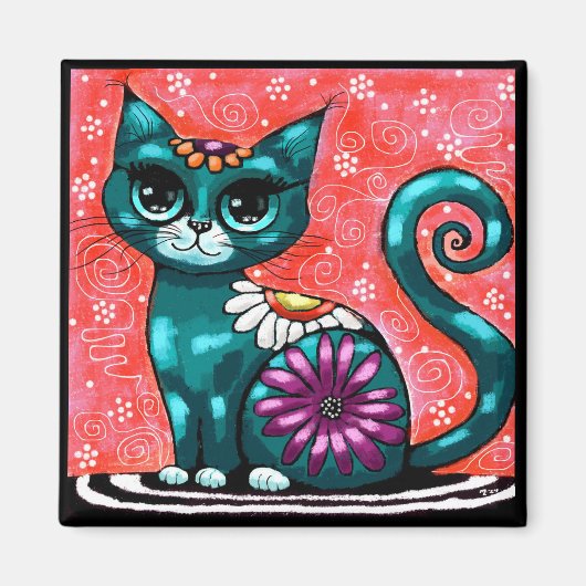 幻想的なキティ猫のラグに座るフローラルティール マグネット (正面)