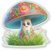 幻想的なキノコのキャラクター 花に囲まれて シール (正面)