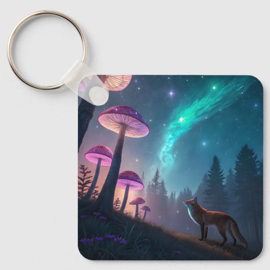 幻想的なキノコの森の狐 ファンタジーアート キーホルダー (正面)