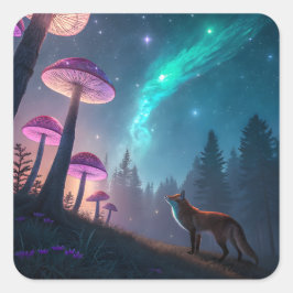 幻想的なキノコの森の狐 ファンタジーアート スクエアシール