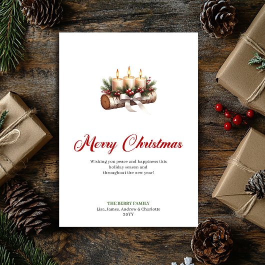 幻想的なクリスマスのキャンドル 木製のログのグリーティング シーズンカード