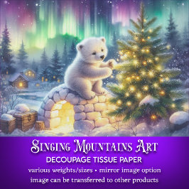 幻想的なクリスマスのホッキョクグマとツリーのデコパージュ 薄葉紙